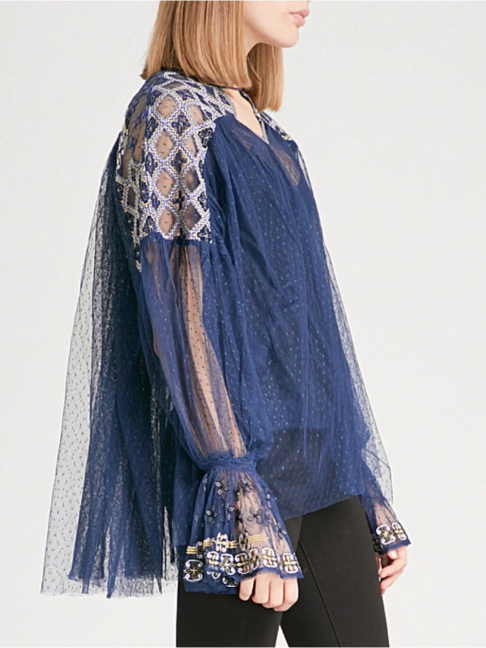 MSRP $148 FREE PEOPLE WOMEN'S NAVY BLUE EMBROIDERED MESH JOYRIDE SHEER TOP Sz S